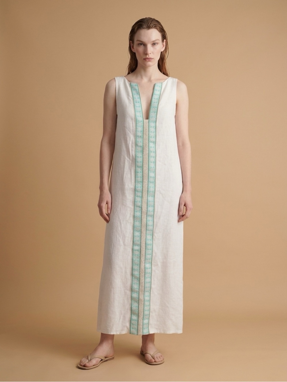 Greek White Maxi Dress with Aqua Embroidered Center Panel
